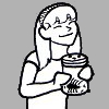 Gigi, an extremely pale girl with even paler hair and a headband, holding a jar with a spider.