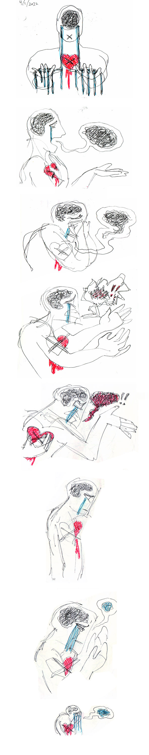 A short, wordless comic strip, depicting a scribbly white figure, featureless except for a big red heart on its chest with a black X over it, a cloud of black scribbles in its skull, and streams of blue pouring from its eyes. It weeps, tries to speak, but all that comes out is scribbly black. It gets more and more upset, and the black scribbles get tainted with red. Finally, it stops talking, puts its face in its hands, and cries. From its speech bubble emanates black and blue tangled scribble.