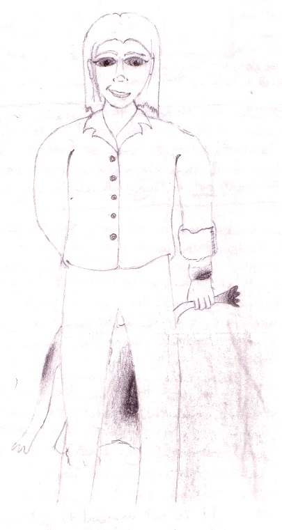 a pencil drawing of Mori, her hair hacked raggedly off to chin length, clearly done by herself. She wears a button-up collared shirt that's way too big for her. She's smiling, but there's a cloth bandage around her wrist that's stained and she holds a jacket behind her back that also seems to be massively stained.