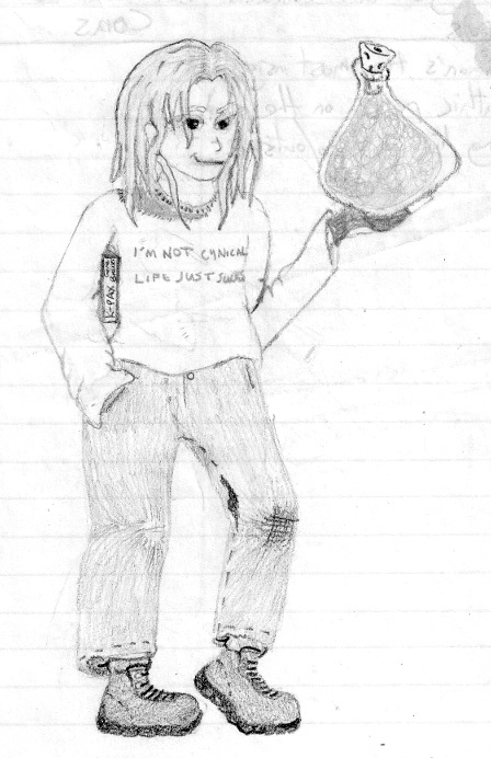 a pencil drawing of M.D. with a big mysterious corked bottle in her hand, full of smoke. She has K-PAX tucked under her arm and is wearing black combat boots, and layers of too-big clothes, including the busted jeans, a T-shirt, and a chopped up sweatshirt over it that reads I'm Not Cycnical; Life Just Sucks. She's smirking and her hair is longer, matted, and hangs loose.