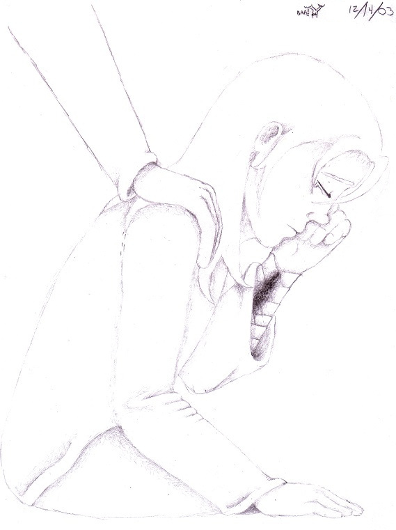 a pencil drawing of Mori on her knees, crying. She wears long sleeves, but one of her sleeves is slipping down her arm, showing bloodstained bandages all up her forearm. Someone off-screen puts a hand on her shoulder comfortingly.