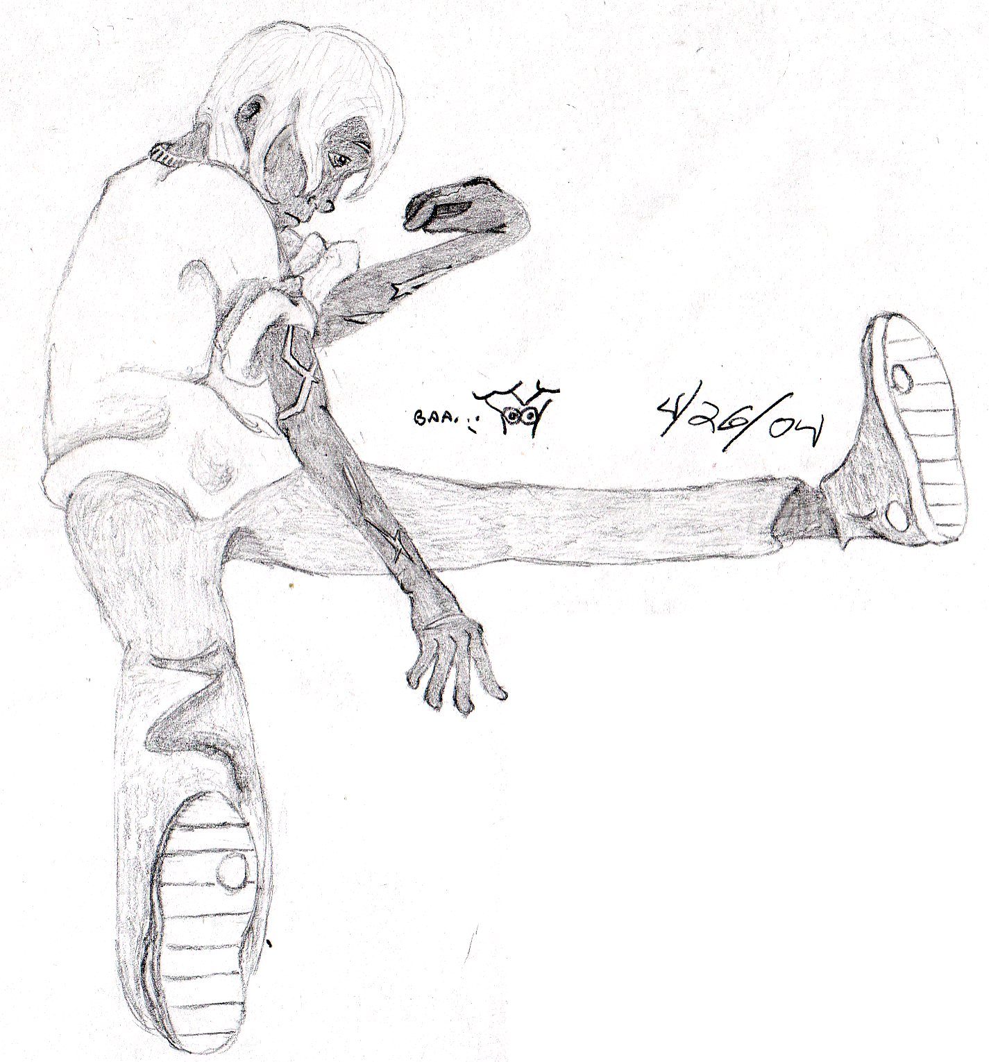 another pencil drawing of Mori, this one with shaded-in skin. She sits slumped awkwardly, arms spread. Scars crawl up her forearms.