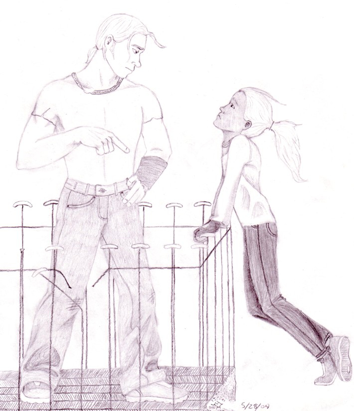 a pencil drawing of Mori leaning against Biff's dilapidated porch balcony, looking up searchingly at him. He's giving her a resigned exasperated look.