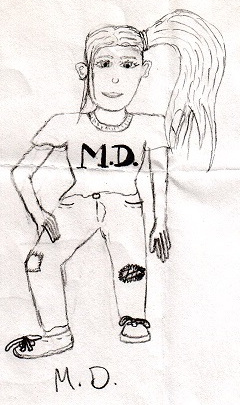 a childish pencil drawing of M.D. standing in sneakers, jeans with ripped knees, and a white T-shirt, partially untucked, with her name across the chest.