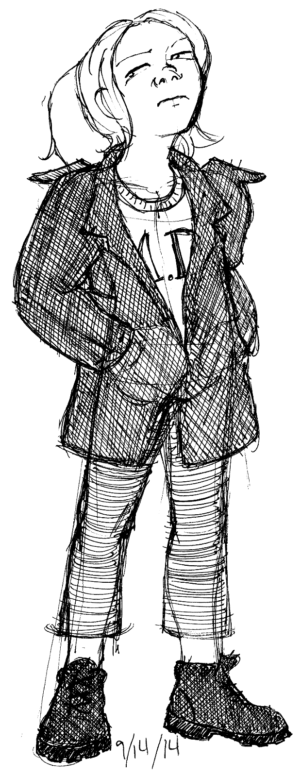 a rough pen drawing of Mori, freshly resurrected, rolling her eyes and snarling. She's in her black combat boots, a too-big leather jacket, too-short jeans, and her white M.D. T-shirt.