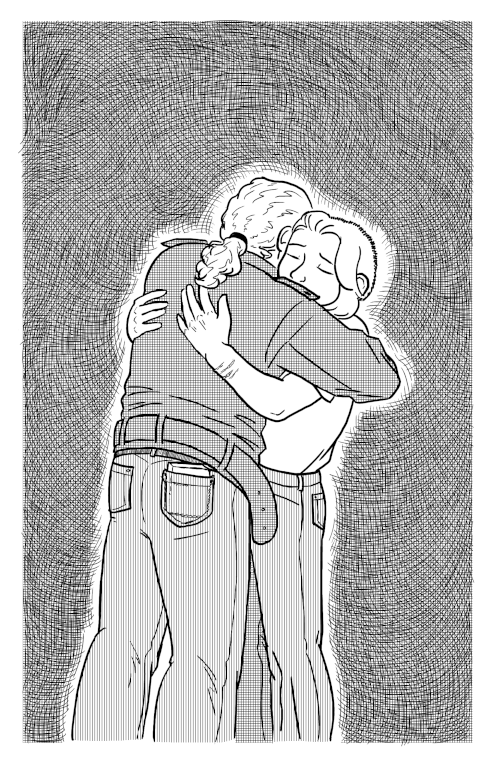 a comics page of Mori and Biff hugging in the Void. His back is to the camera, but Mori's expression, for once, has no sarcasm or anger, only bittersweet joy and relief.