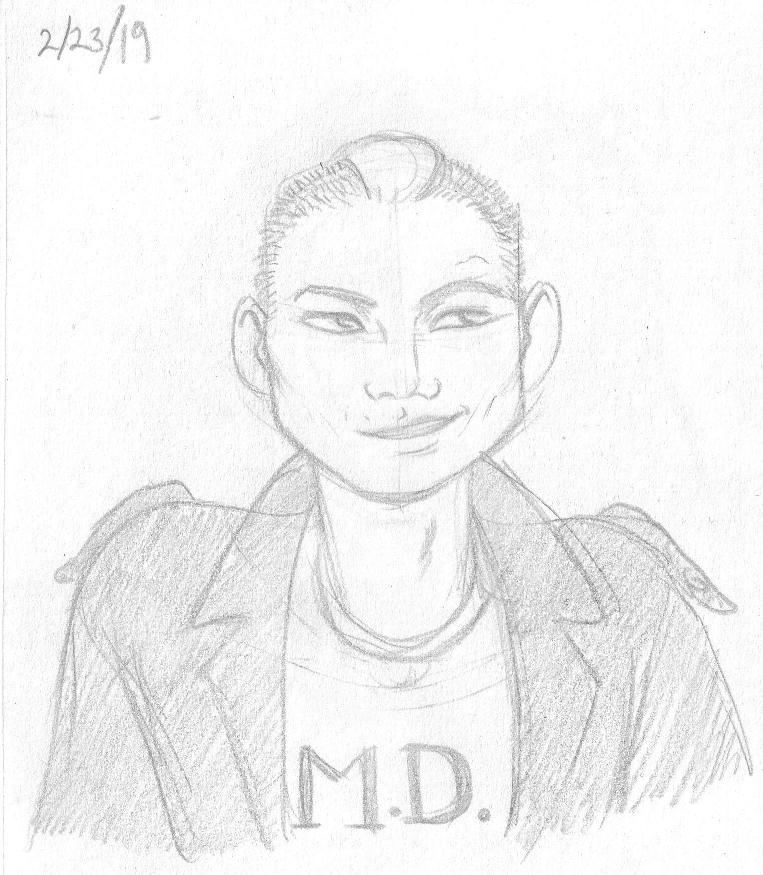 a pencil drawing of Mori from the bus up, showing her in a mohawk, leather bomber jacket, and her old white T-shirt with M.D. in serif font on the chest.