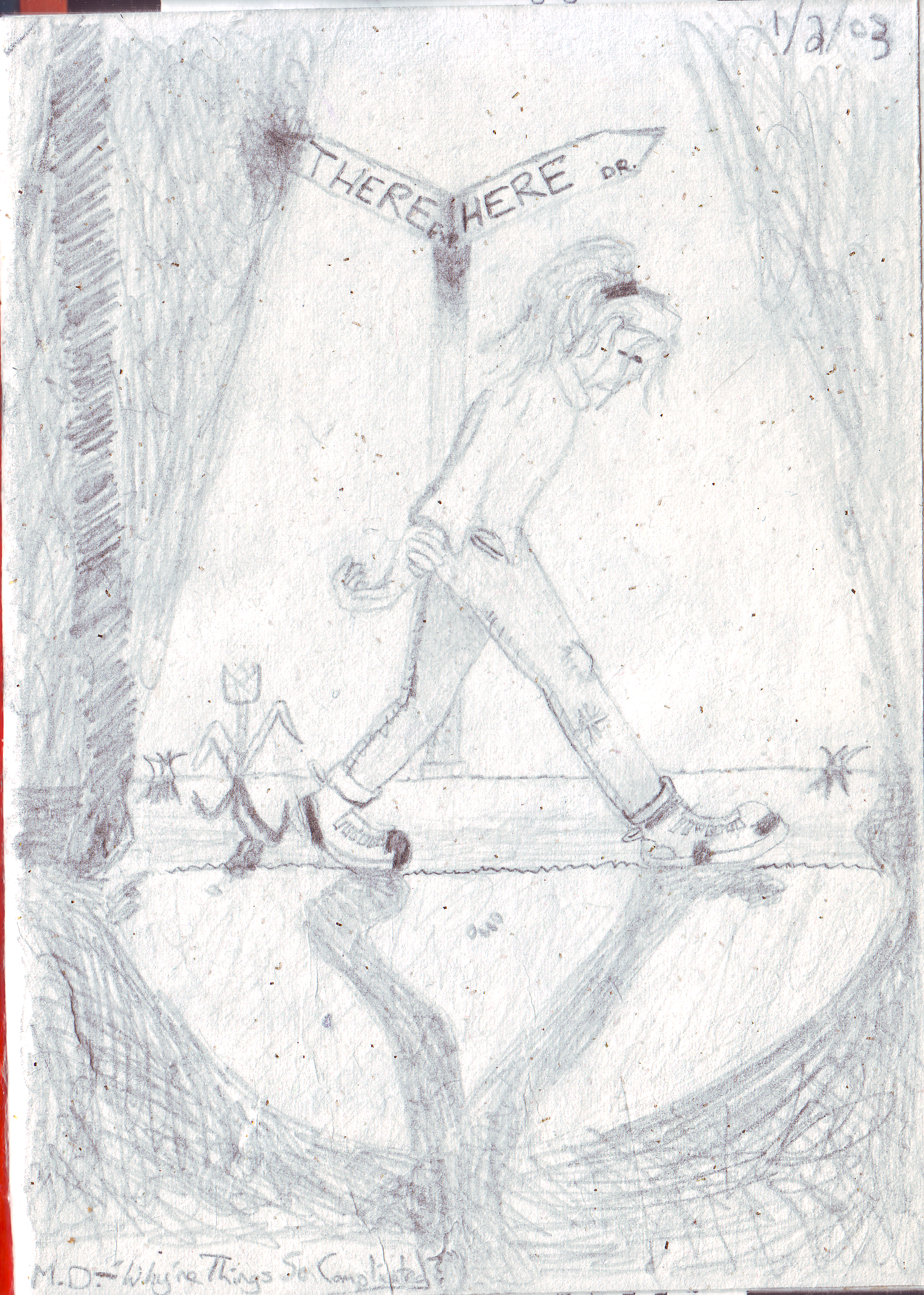 a pencil drawing of Mori walking down a street at night, head bowed and arms crossed behind her back in melancholy thought, hair hanging over her face and hiding her expression. A streetlight illuminates her from above. The street signs behind her show her at the corner of Here and There.