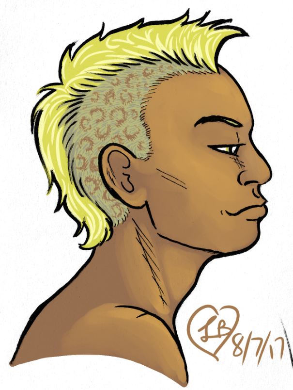 A color bust drawing of Mori making a sneery pout, her hair a mohawk, with the buzzed parts shaved in leopard print.