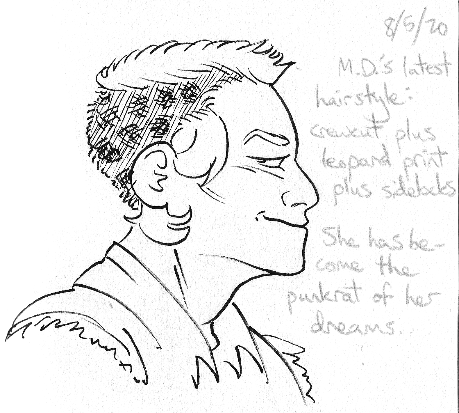 an inked drawing of Mori in profile, making a facial expression like someone planning to rip off your car stereo. Her hair has once again changed, this time to earlocks and a leopard print crewcut.