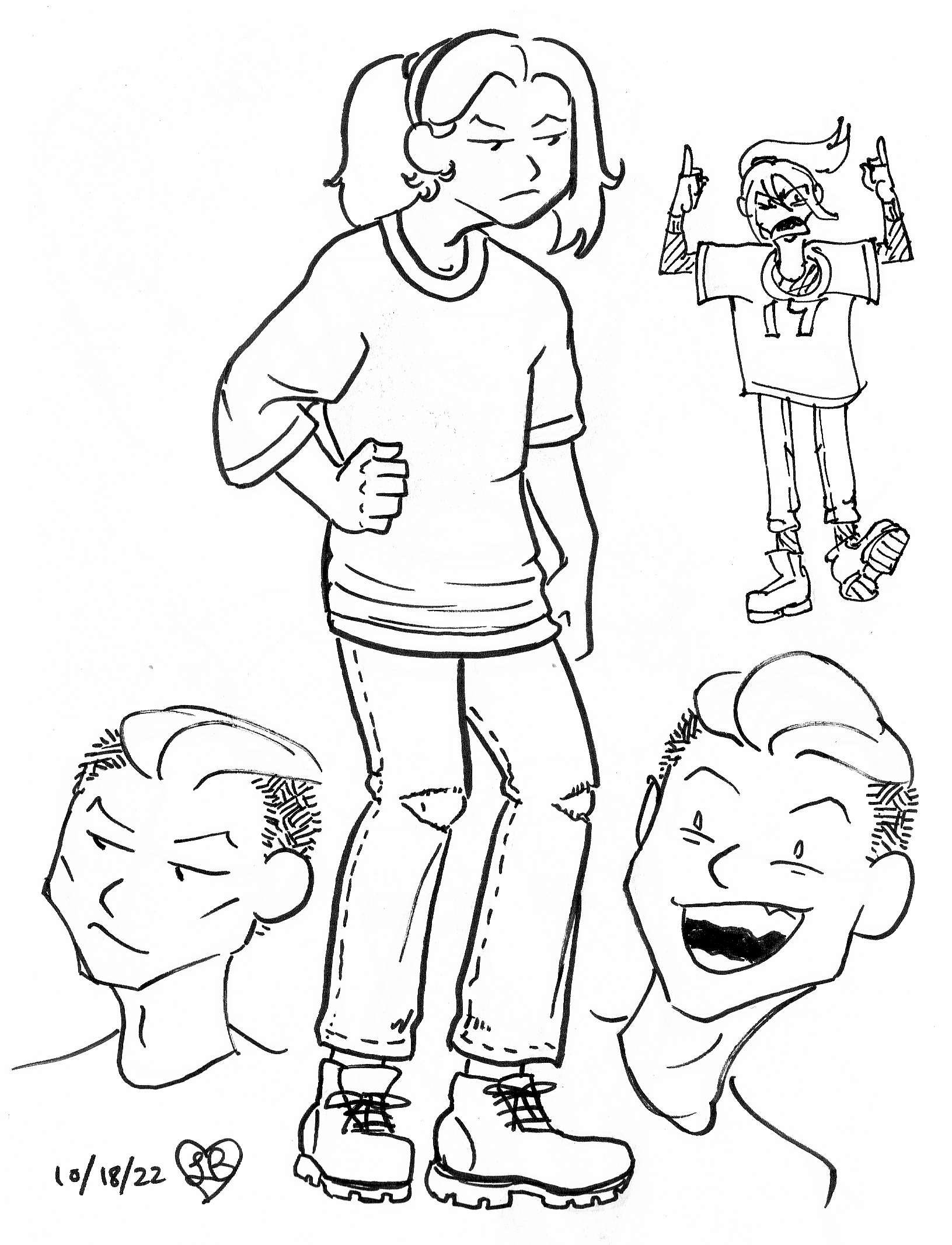 pen drawings of Mori, first in her ponytailed, many-layered '90s kid clothes twenty years ago, and now in her pompadoured adult self, grinning sarcastically and showing many crooked teeth.