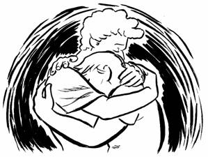D and Rogan hugging in an orb of darkness