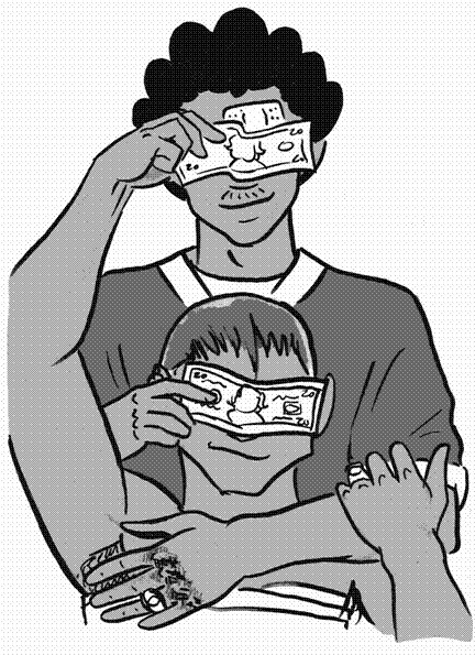 Rogan and D, smirking with their arms around each other, holding up dollar bills to censor each other's eyes. D has a Band Aid on his forehead and bruised knuckles, Rogan wears Ace bandages, but their attitude is triumphant.